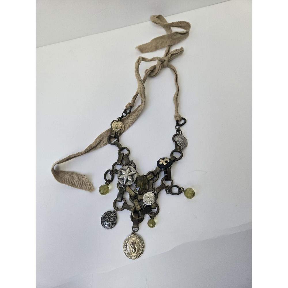 Unique necklace coin chain brass‎ charm fleur de lis steampunk